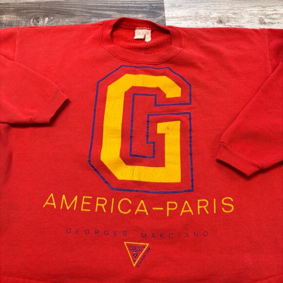 Vintage 80s Guess America Paris RedYellow Womens L Logo Cropped Sweatshirt - Picture 2 of 9